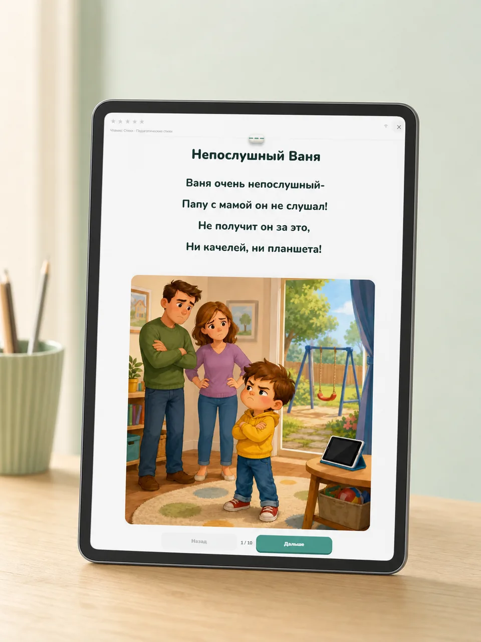 Планшет на столе со стихотворением «Непослушный Ваня»